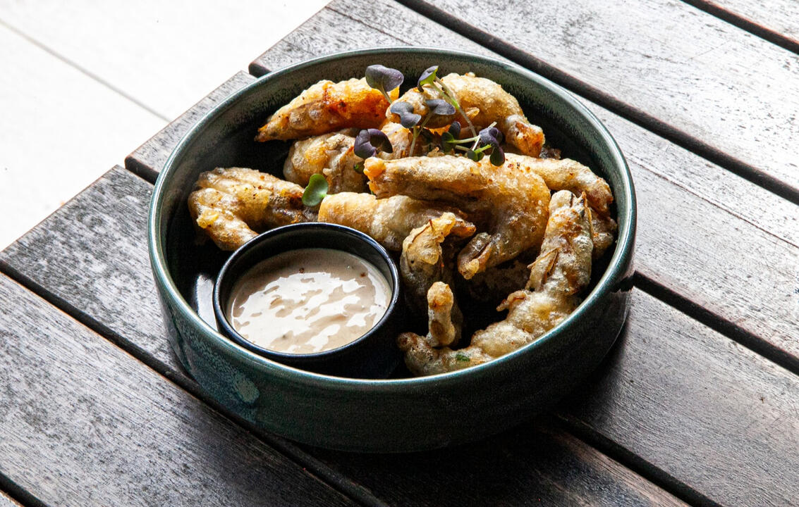 Battered prawn poppers with tajin & yuzu miso